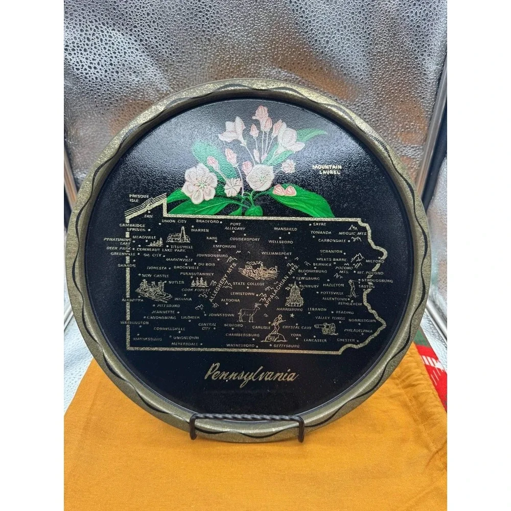 Pennsylvania State VTG Souvenir Tray Serving Tray Map Mountain Laurel Historical